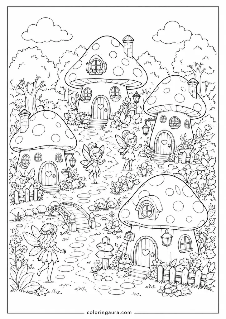 Fairy Mushroom Village Coloring Page