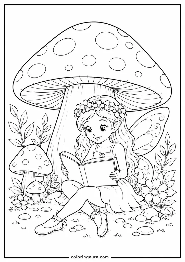 Fairy Reading Under Mushroom Coloring Page