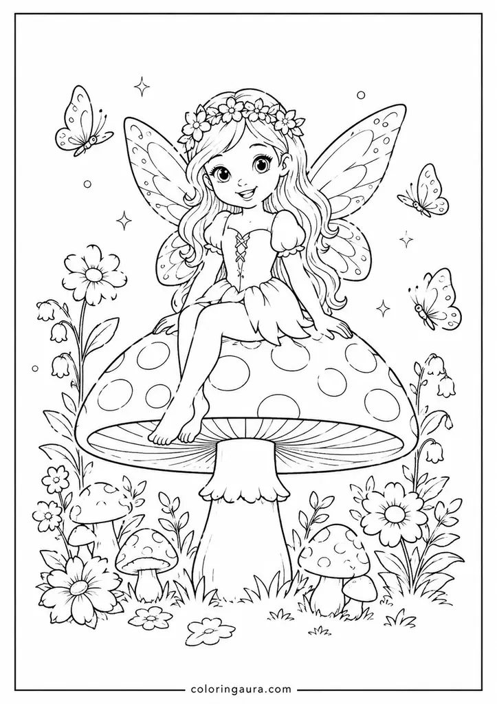 Fairy Sitting on Mushroom Coloring Page