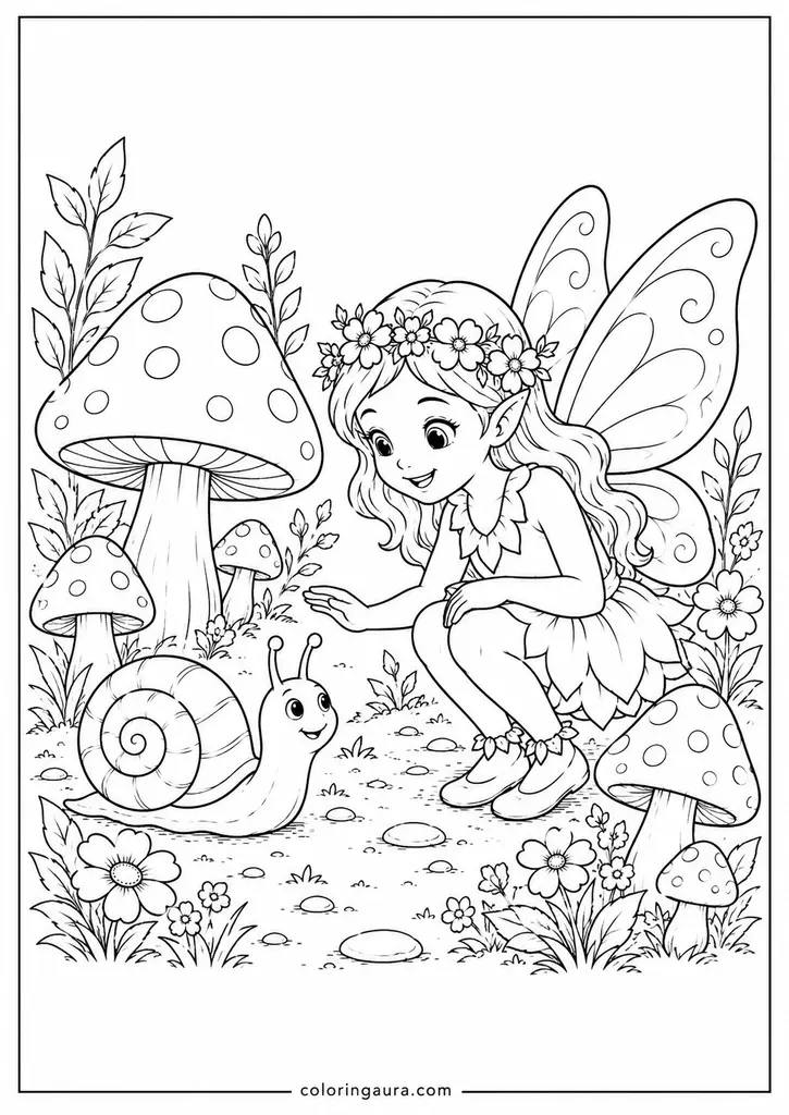 Fairy and Snail in a Mushroom Garden
