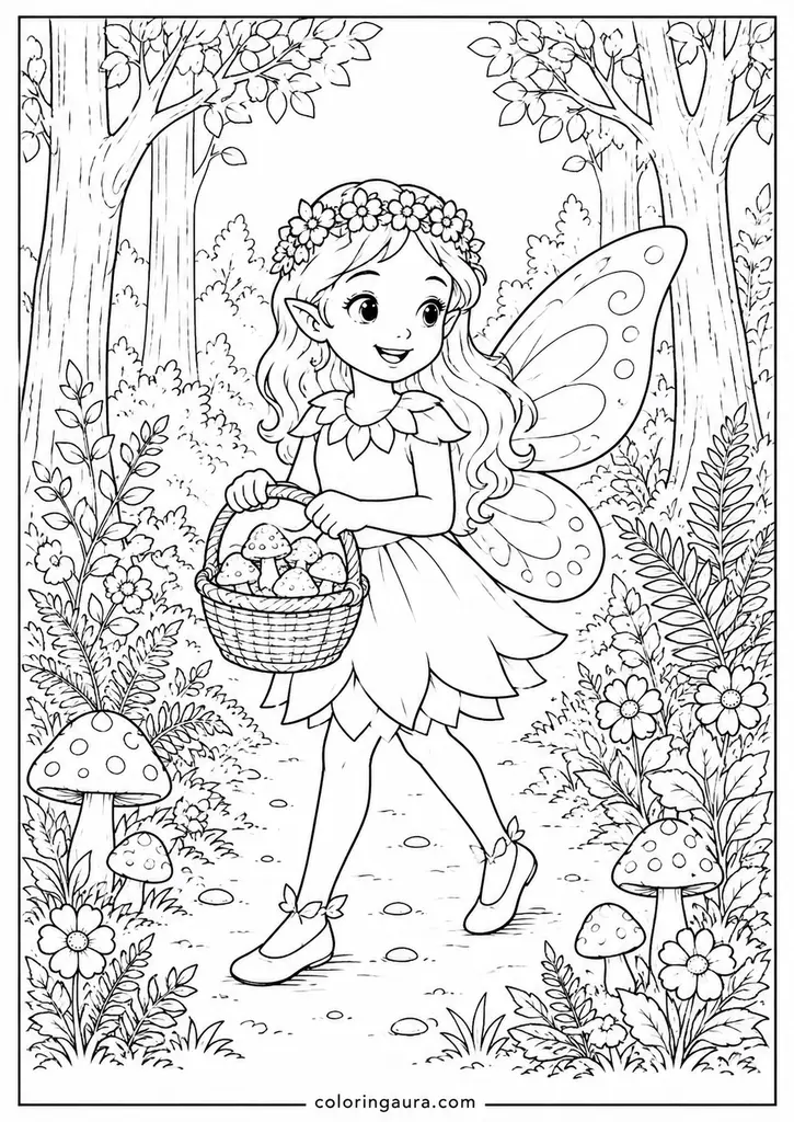 Fairy with Mushroom Basket Coloring Page