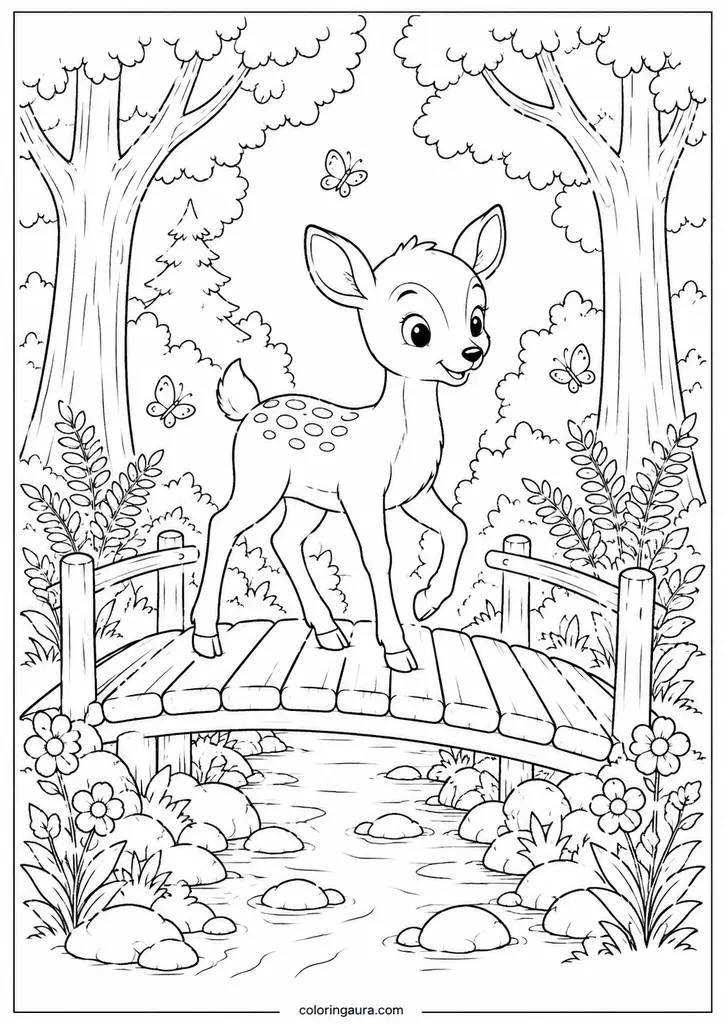 Deer Crossing a Forest Bridge Coloring Page