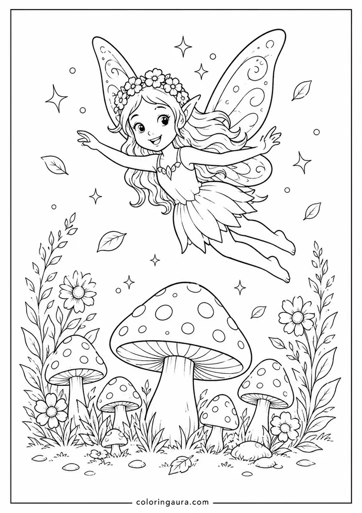 Flying Mushroom Fairy Coloring Page