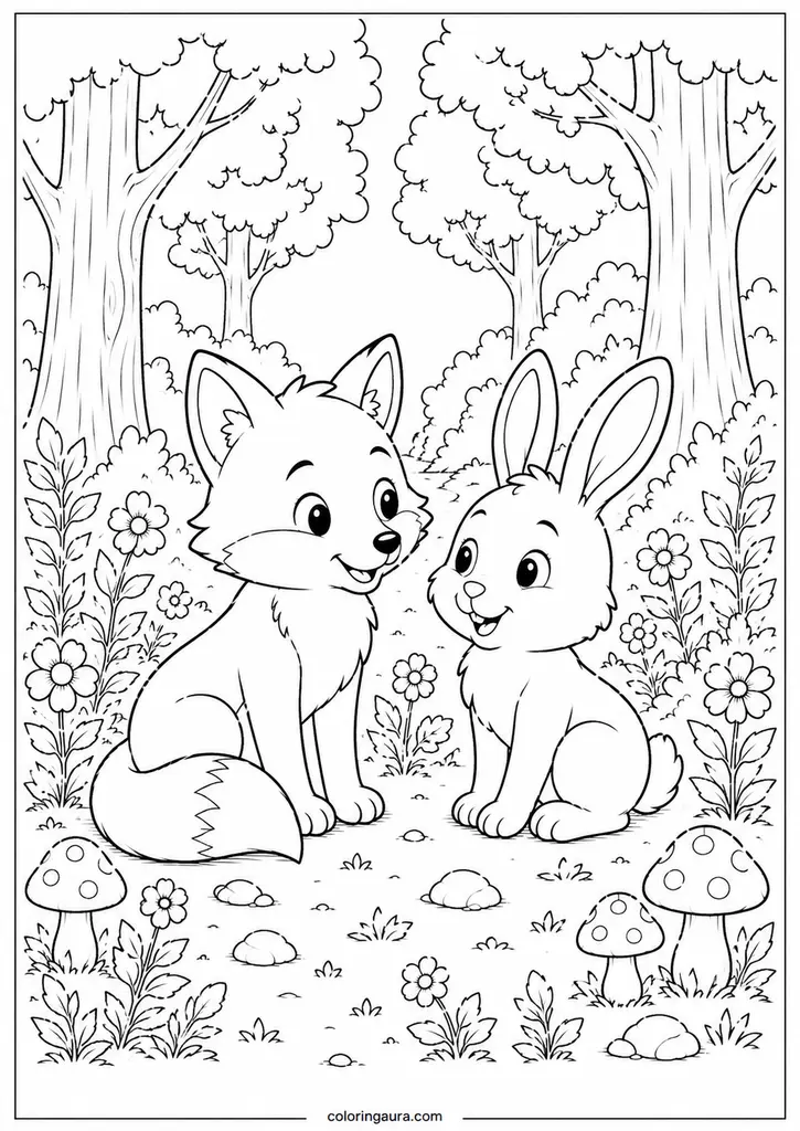 Fox and Rabbit Forest Friends Coloring Page