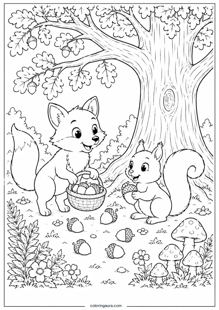 Fox and Squirrel Collecting Acorns Coloring Page