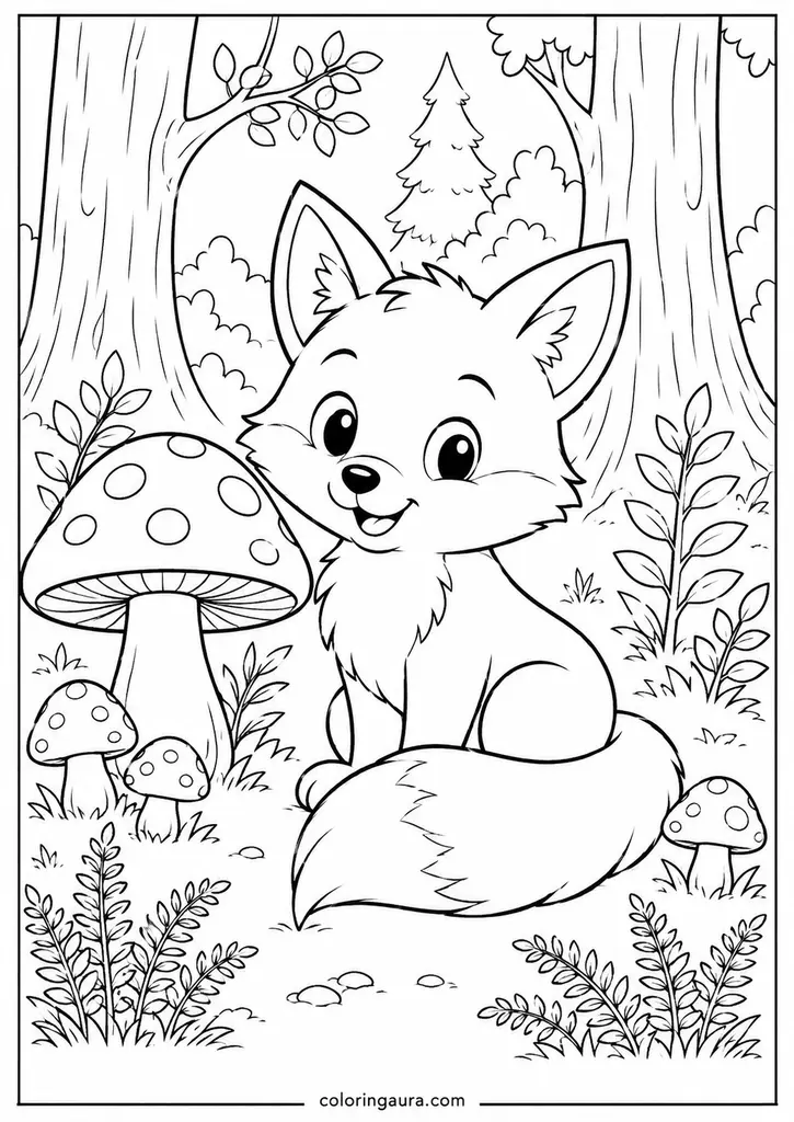 Fox with Mushroom Coloring Page