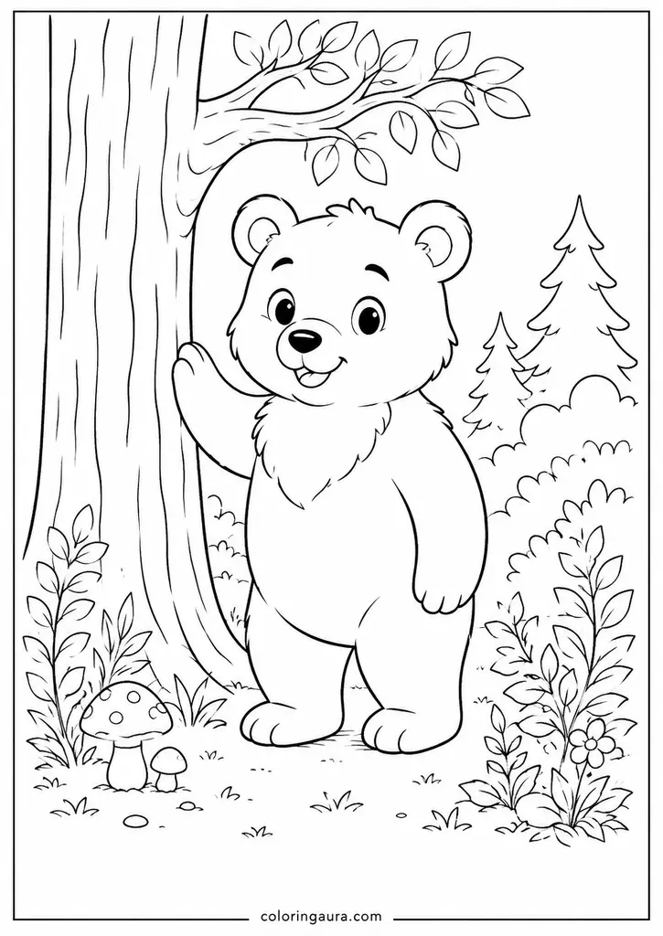 Friendly Bear by Tree Coloring Page