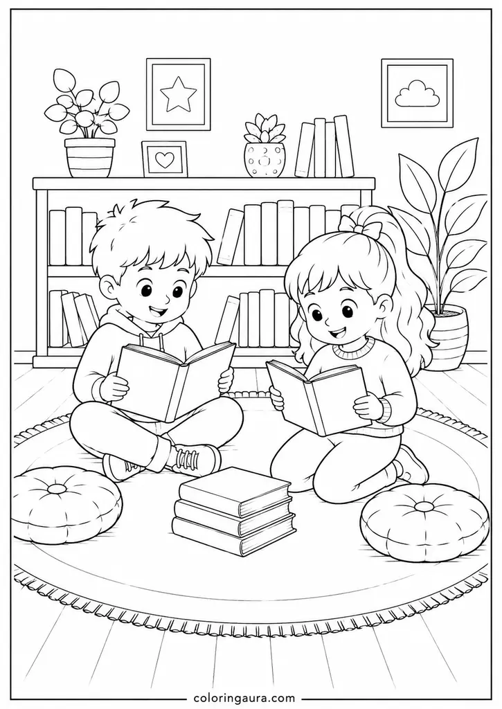 Friends Reading Together Coloring Page