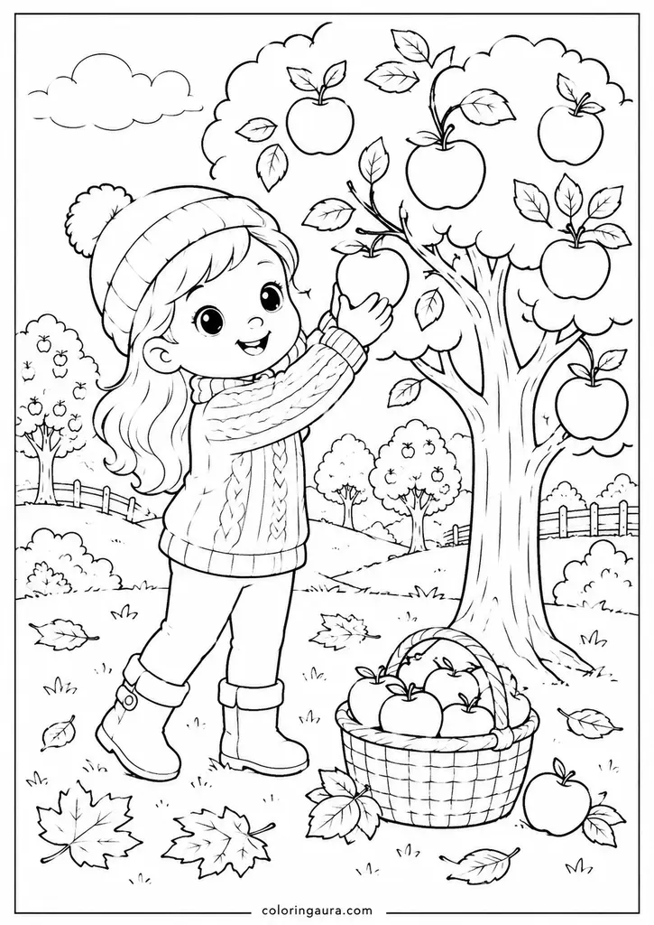 Girl Picking Apples Autumn Coloring Page