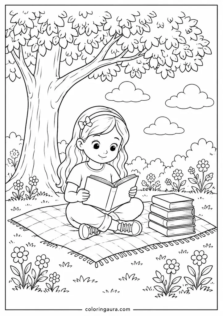 Girl Reading Under a Tree Coloring Page