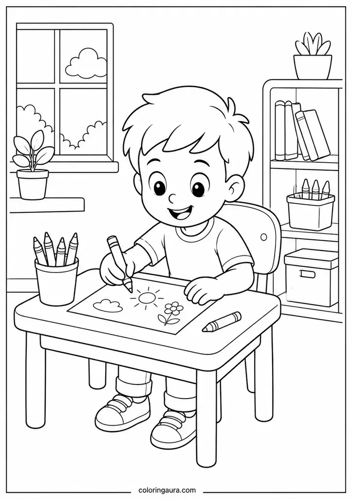Kindergarten Child Drawing at Desk Coloring Page