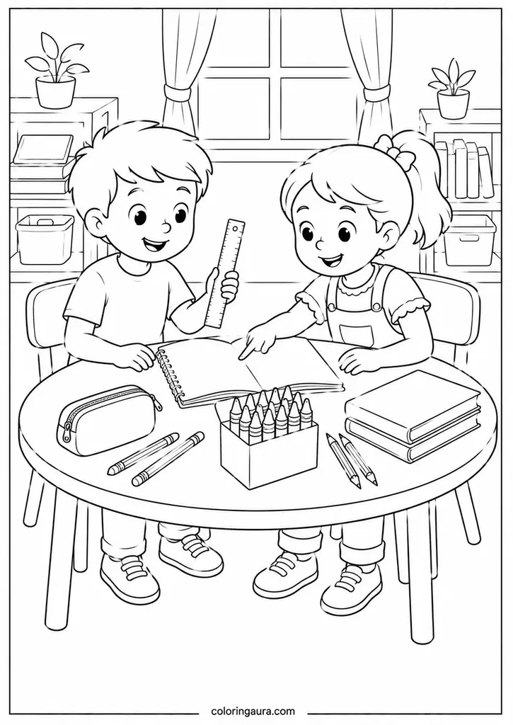 Friends Sharing School Supplies Coloring Page