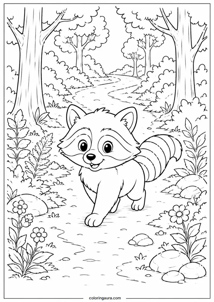 Raccoon Exploring the Woods Coloring Page