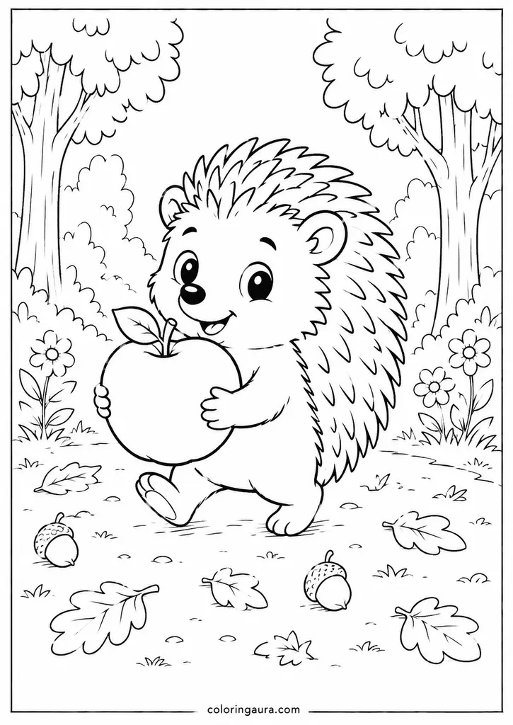 Hedgehog Carrying Apple Coloring Page