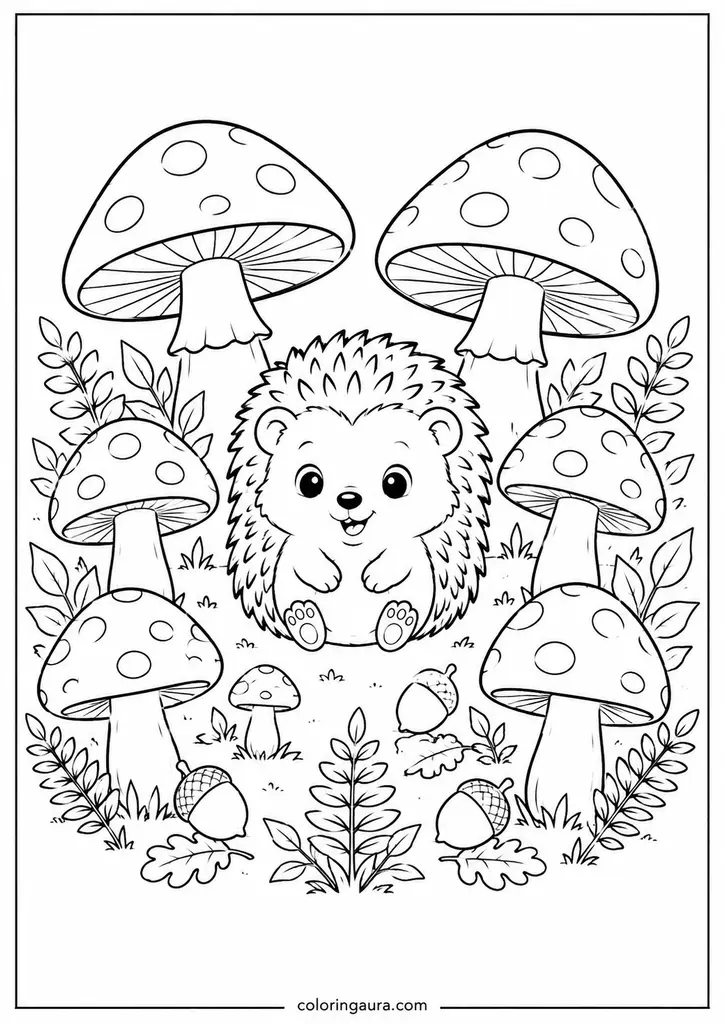 Hedgehog Mushroom Circle Coloring Page