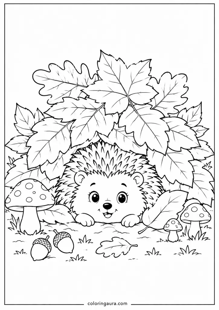 Hedgehog Under Leaves Coloring Page