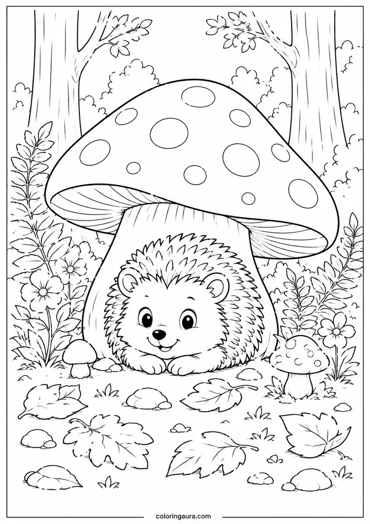 Hedgehog Under a Mushroom Coloring Page