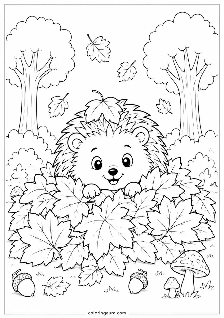 Hedgehog in Autumn Leaves Coloring Page
