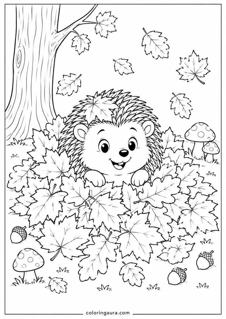 Hedgehog in a Leaf Pile Coloring Page