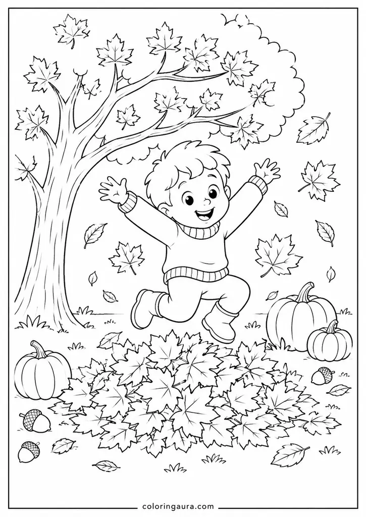 Child Playing in Autumn Leaves Coloring Page