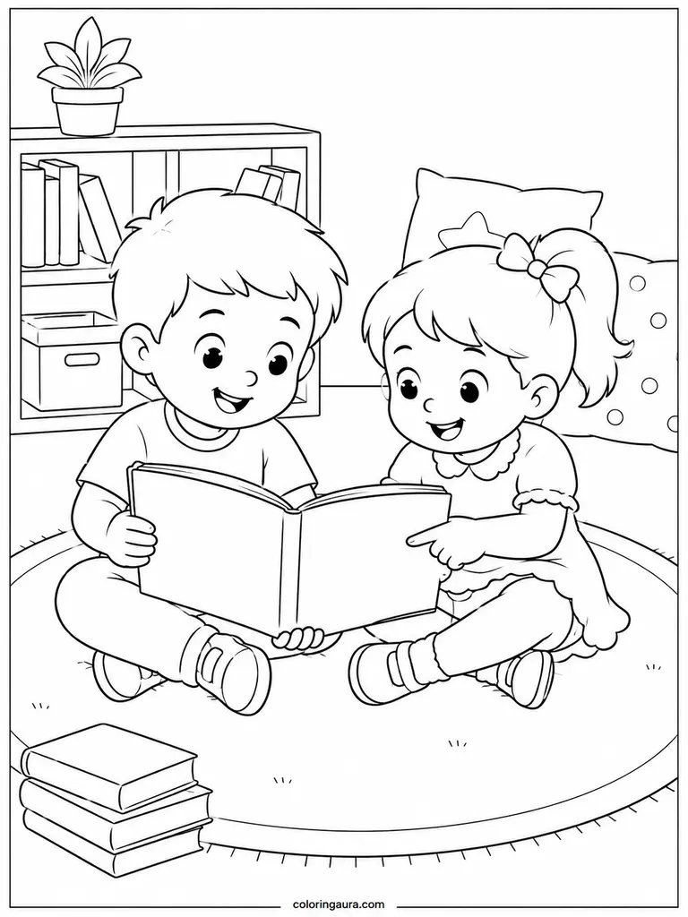 Kindergarten Friends Sharing Books Coloring Page