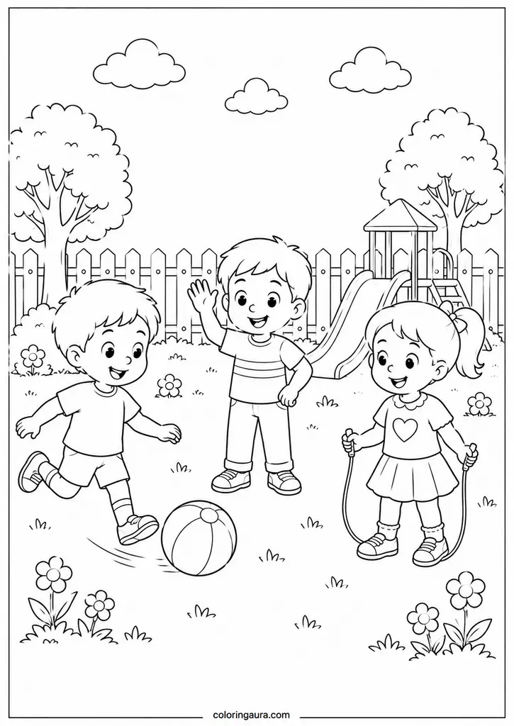 Kindergarten Friends at Recess Coloring Page