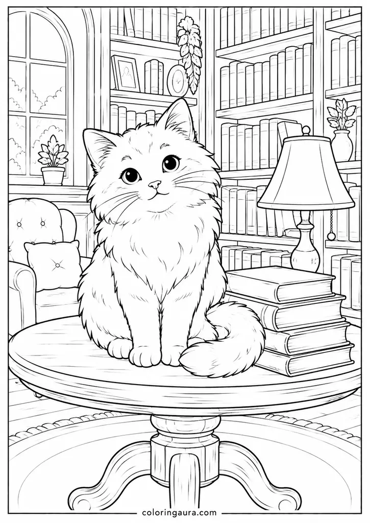 Library Cat Coloring Page