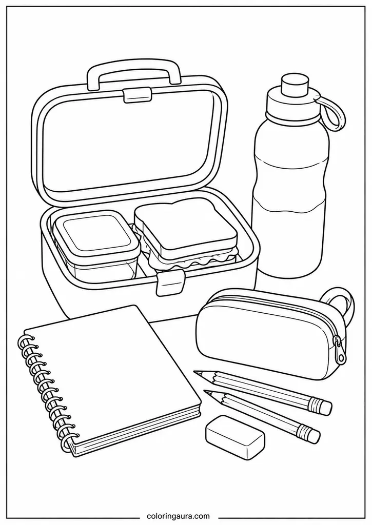 Lunchbox and School Supplies Coloring Page