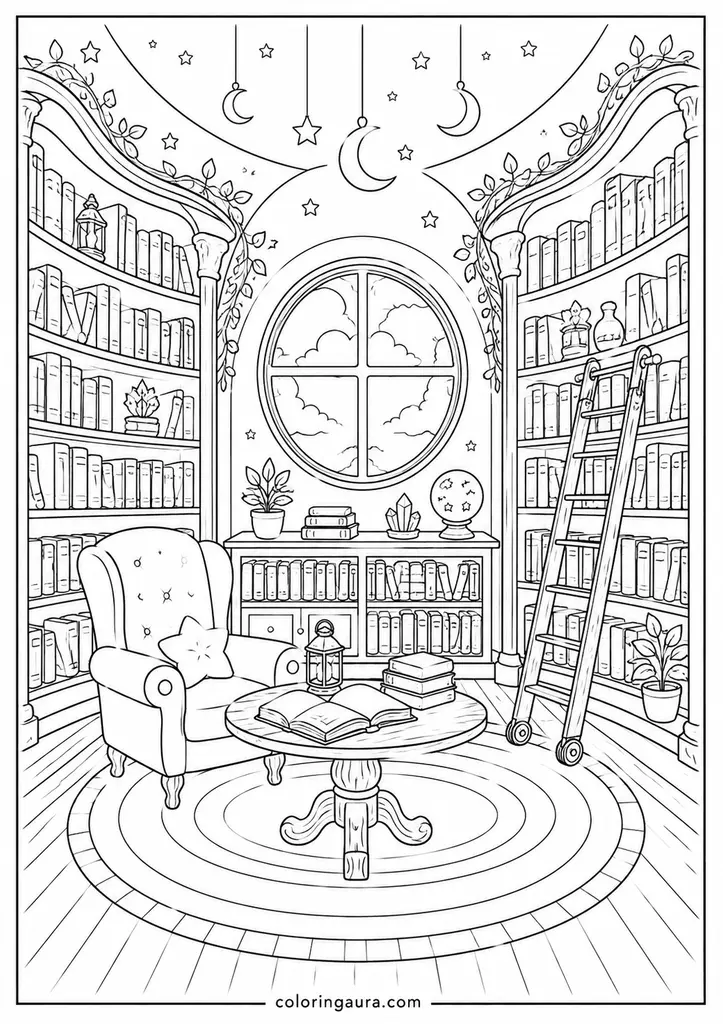 Magical Cozy Library Coloring Page