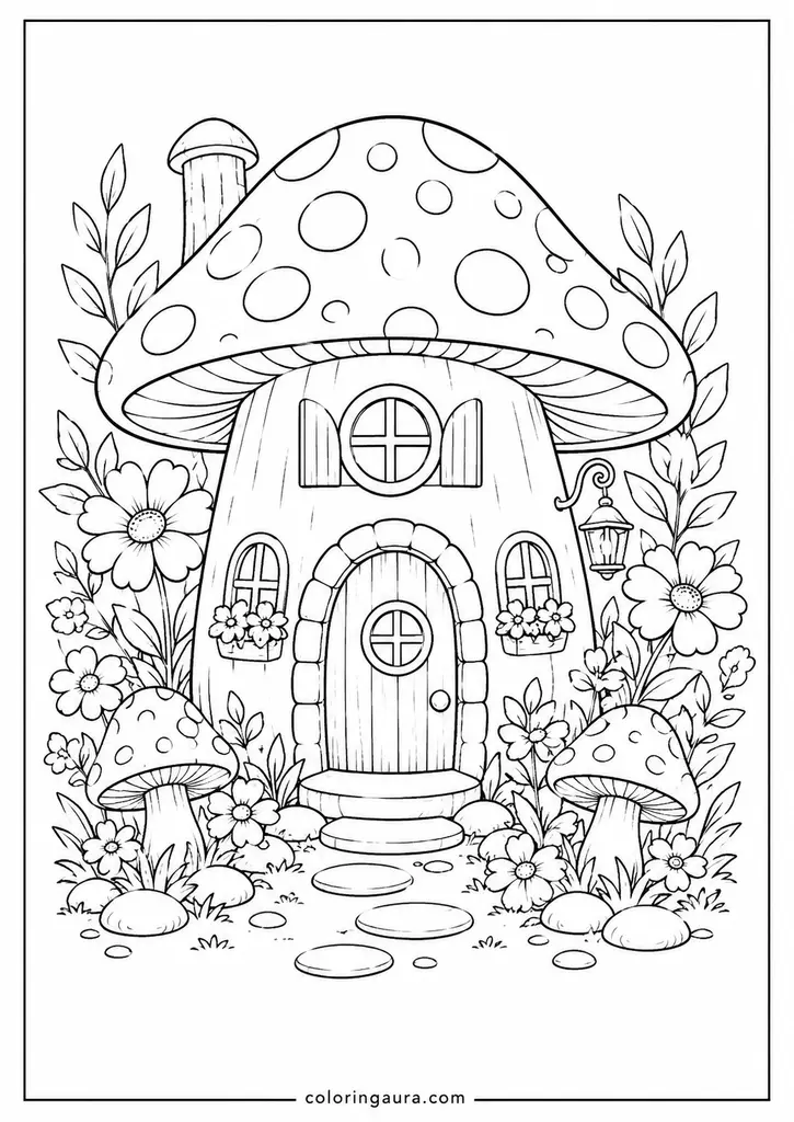 Magical Mushroom Fairy House Coloring Page