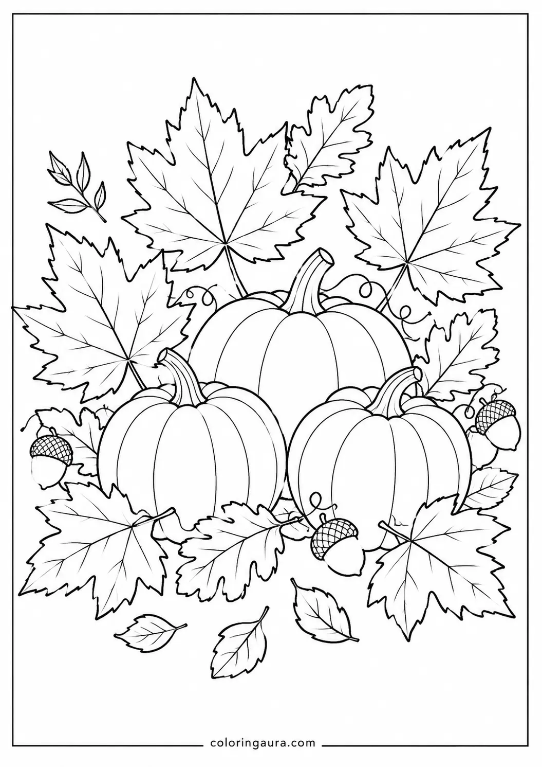 Maple Leaves and Pumpkins Coloring Page
