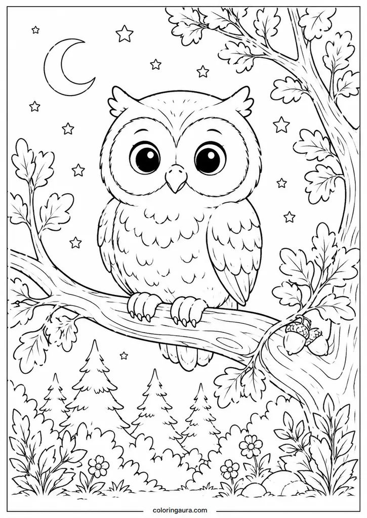 Owl on a Tree Branch Coloring Page