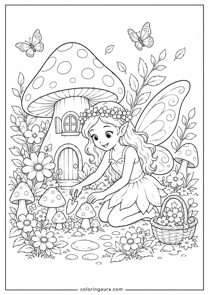 Mushroom Fairy Garden Coloring Page