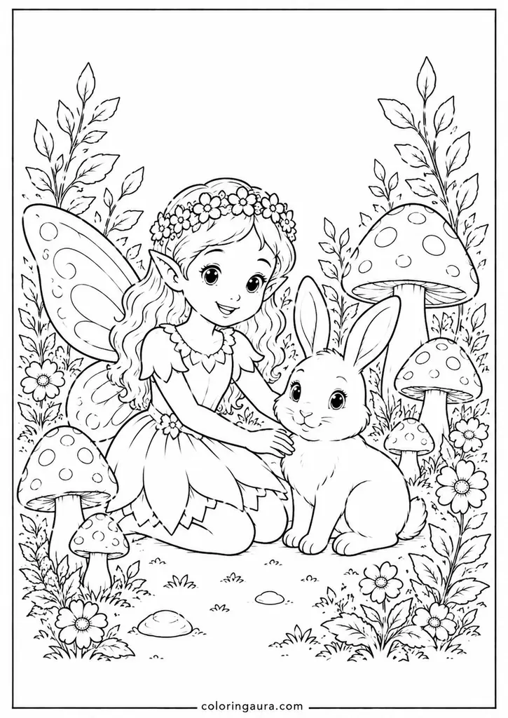 Mushroom Fairy and Rabbit Coloring Page