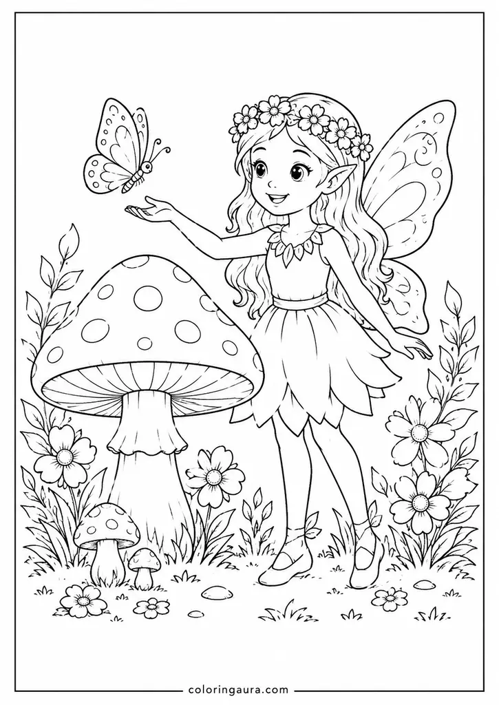 Mushroom Fairy with Butterfly Coloring Page