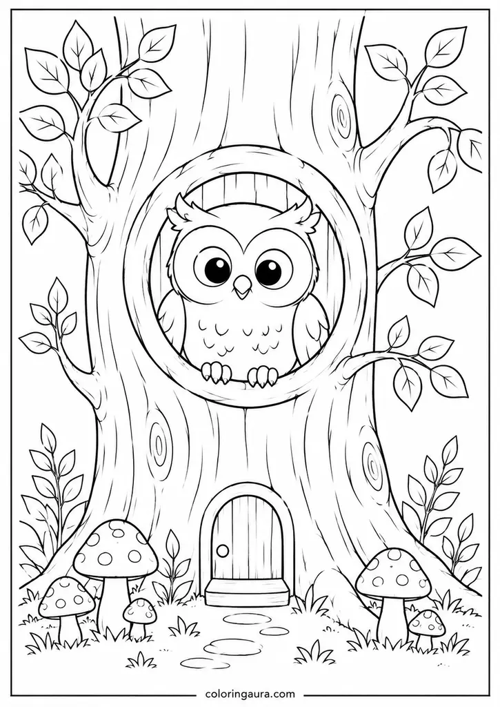 Owl in Hollow Tree Coloring Page
