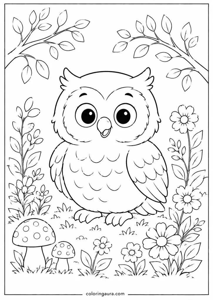 Owl with Woodland Flowers Coloring Page