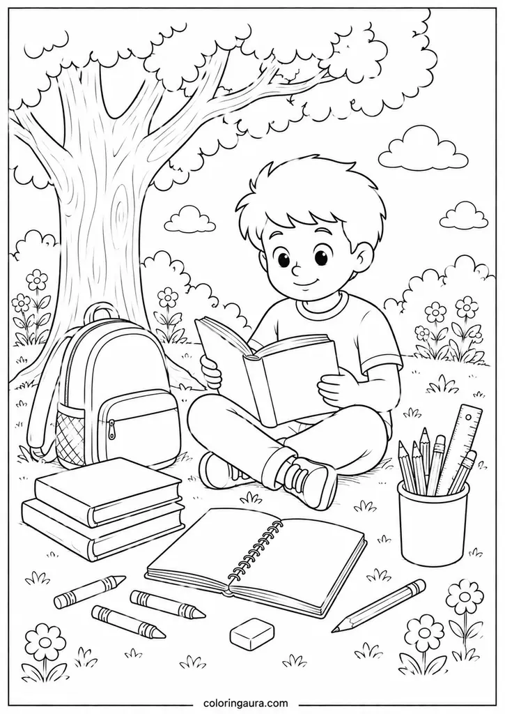 School Supplies Under a Tree Coloring Page