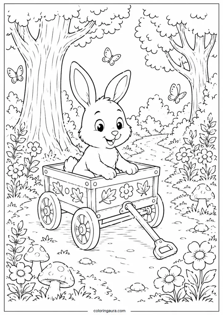 Rabbit Riding in a Forest Wagon Coloring Page