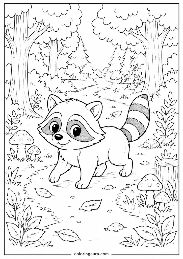 Raccoon Exploring Forest Coloring Page