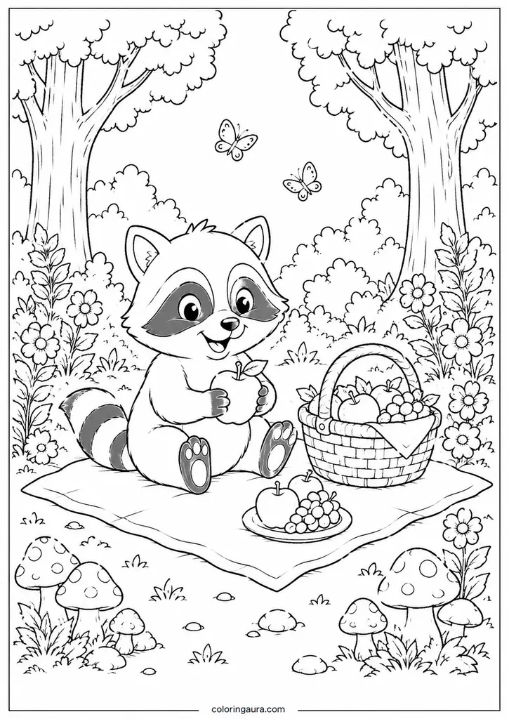 Raccoon Forest Picnic Coloring Page