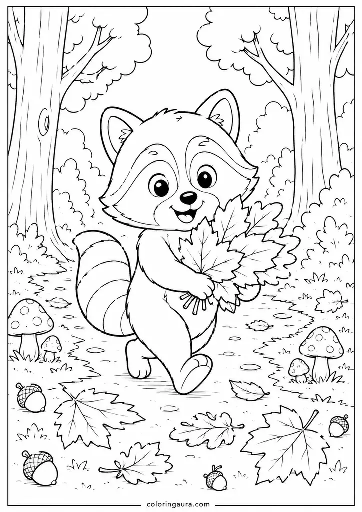Raccoon Gathering Autumn Leaves Coloring Page