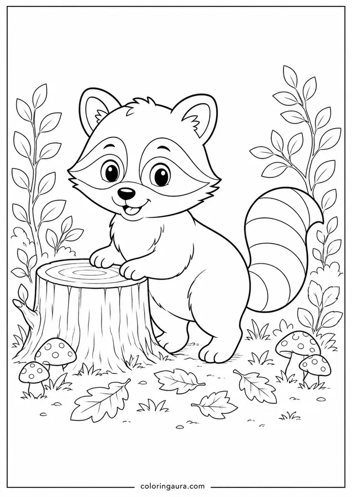 Raccoon Tree Stump Coloring Page