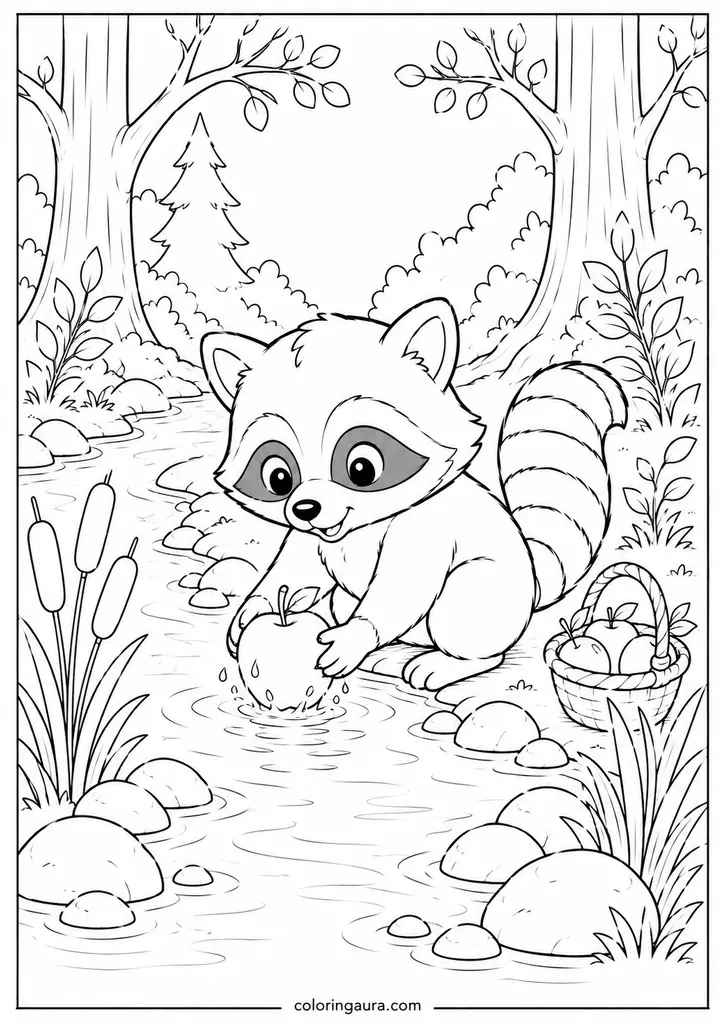 Raccoon Washing Apple Coloring Page