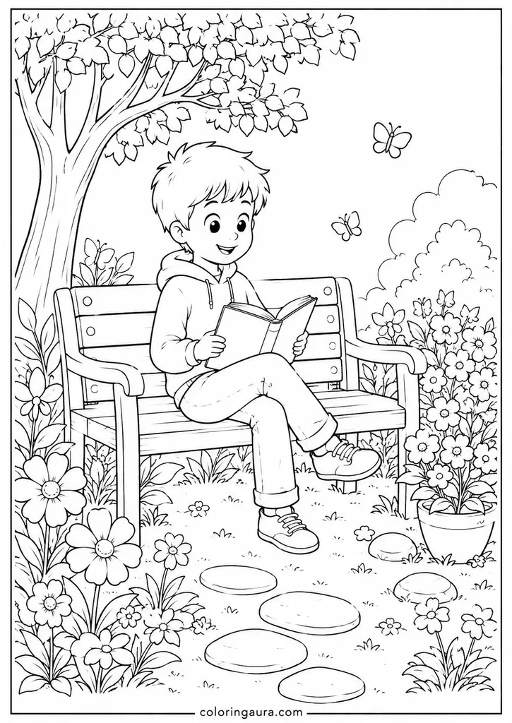 Reading in a Garden Coloring Page