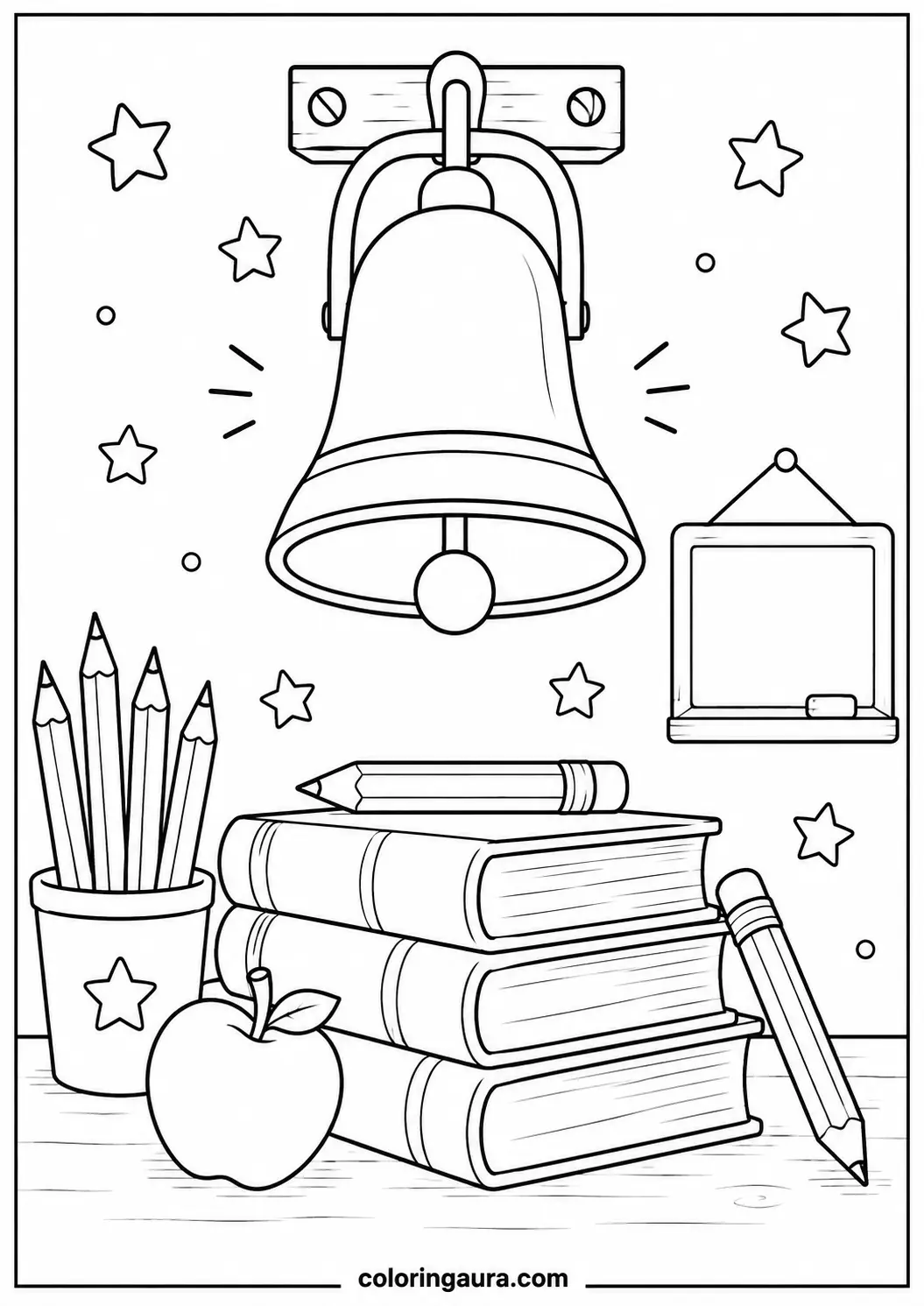 School Bell and Supplies Coloring Page