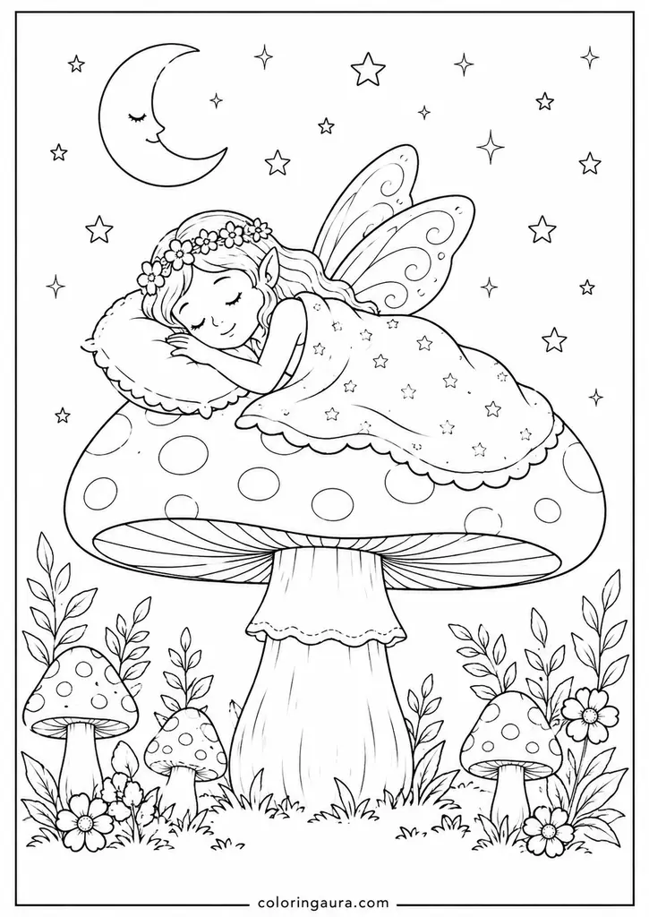 Sleeping Fairy on Mushroom Coloring Page