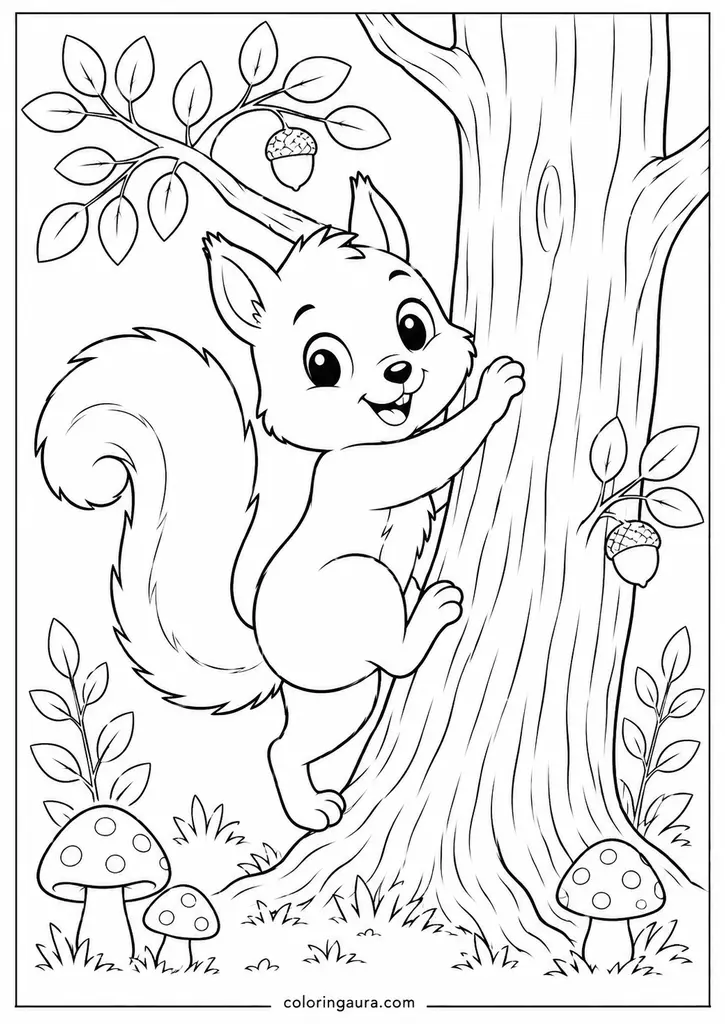Squirrel Climbing Tree Coloring Page