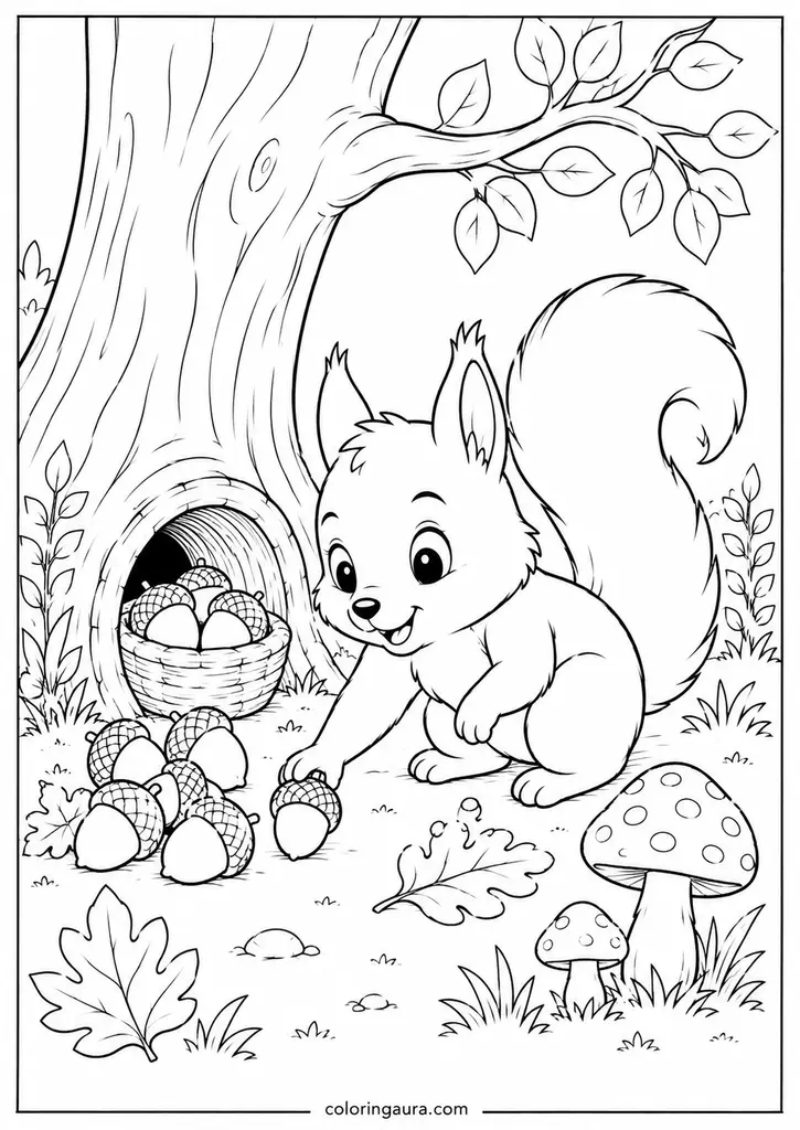 Squirrel Gathering Acorns Coloring Page