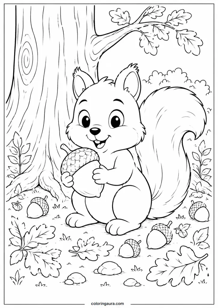 Squirrel With an Acorn Coloring Page